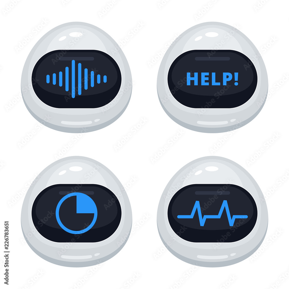 Vector set of robot emoticons. Collection of cyborg characters with different interface messages in cartoon style on white background Vector set of robot emoticons. Collection of cyborg characters with different interface messages in cartoon style on white background