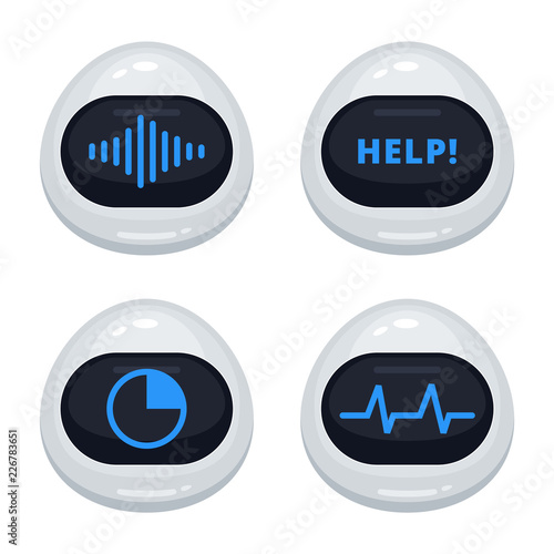 Vector set of robot emoticons. Collection of cyborg characters with different interface messages in cartoon style on white background