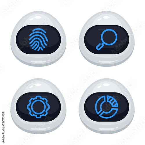 Vector set of robot emoticons. Collection of cyborg characters with different interface messages in cartoon style on white background