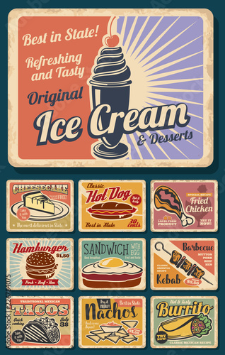 Fast food burger, snack and desserts