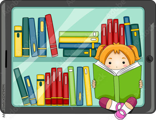 Kid Girl Tablet Digital Library Illustration