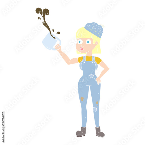 flat color illustration of a cartoon female worker with coffee mug