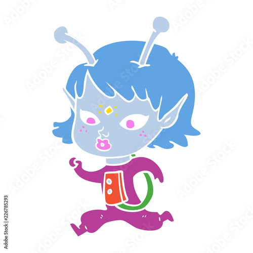 pretty flat color style cartoon alien girl running