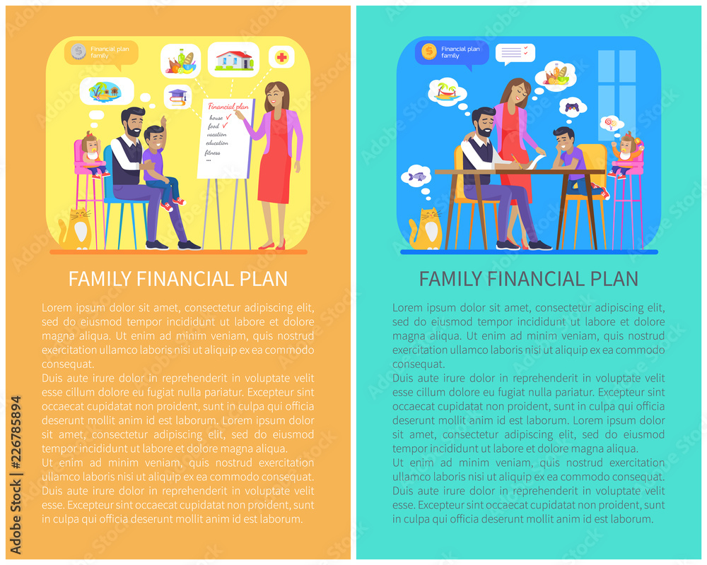 Family Financial Plan Posters Vector Illustration