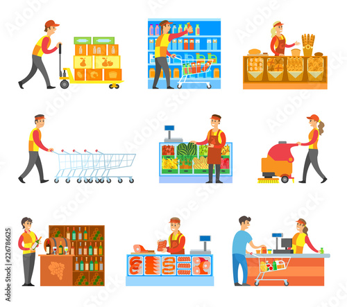 Set of Varied Works in Food Supermarket Poster