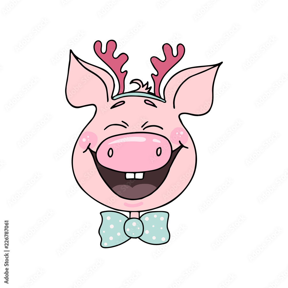 Portrait of a cute laughing pig with Christmas deer horns Portrait of a cute laughing pig with Christmas deer horns