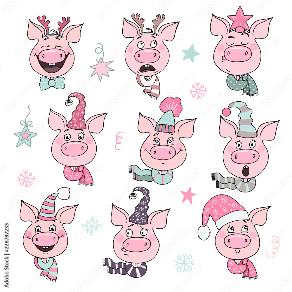 Set of cute pigs with emotions of joy and happiness Set of cute pigs with emotions of joy and happiness
