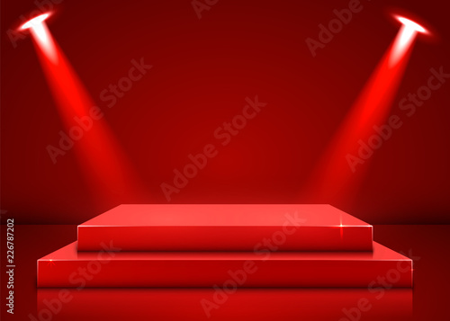 Stage podium with lighting, Stage Podium Scene with for Award Ceremony on red Background. Vector illustration