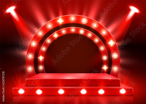 Stage podium with lighting, Stage Podium Scene with for Award Ceremony on red Background. Vector illustration