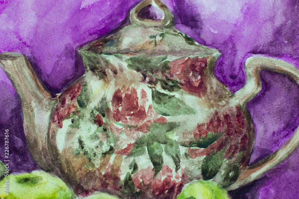 Obraz premium &nbsp;watercolor brewer with tea and apples, drawing with watercolor.