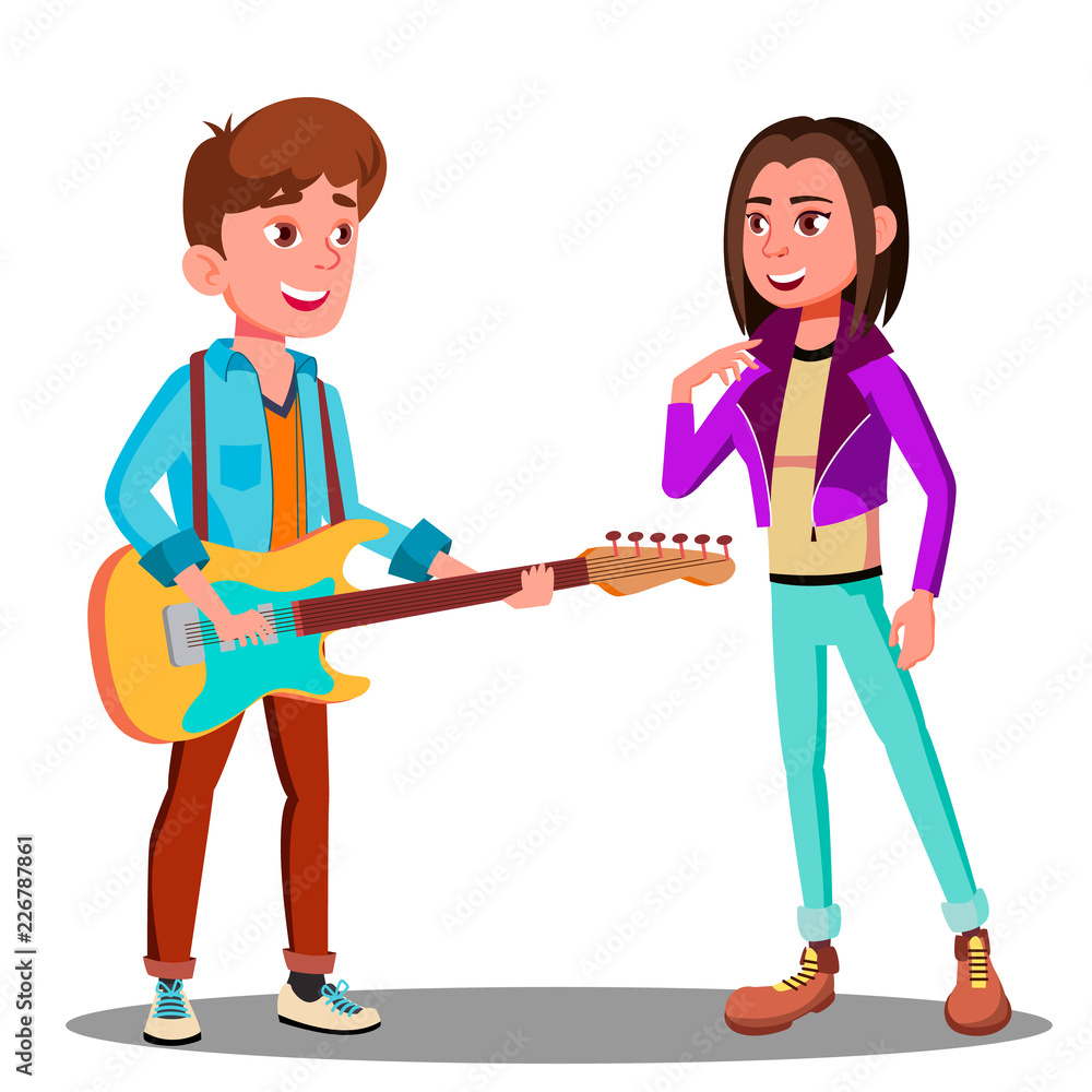 Handsome Young Man Playing Guitar To Beautiful Girl Vector. Isolated Illustration Handsome Young Man Playing Guitar To Beautiful Girl Vector. Isolated Illustration