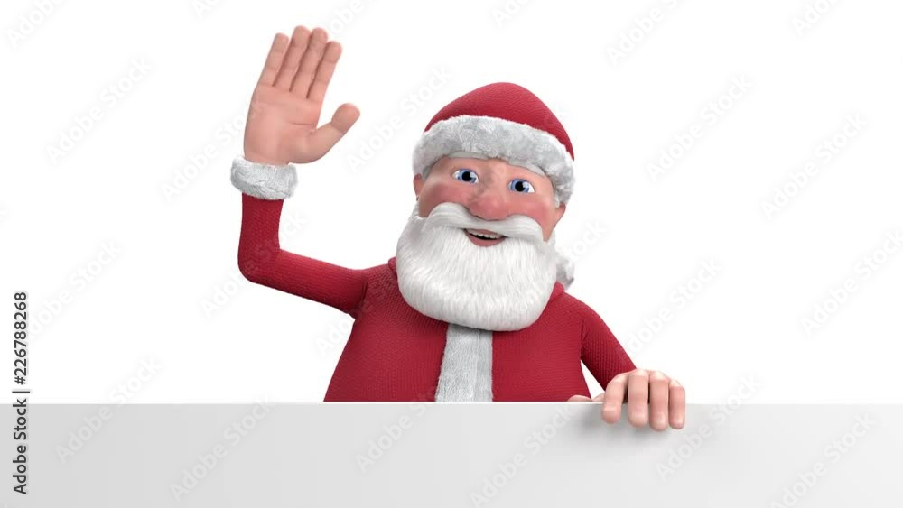 A cartoon Santa Claus stands up from behind a white banner at the bottom of the frame and waves into the camera - high quality 3d animation A cartoon Santa Claus stands up from behind a white banner at the bottom of the frame and waves into the camera - high quality 3d animation