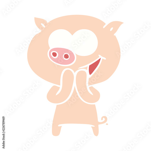 cheerful pig flat color style cartoon