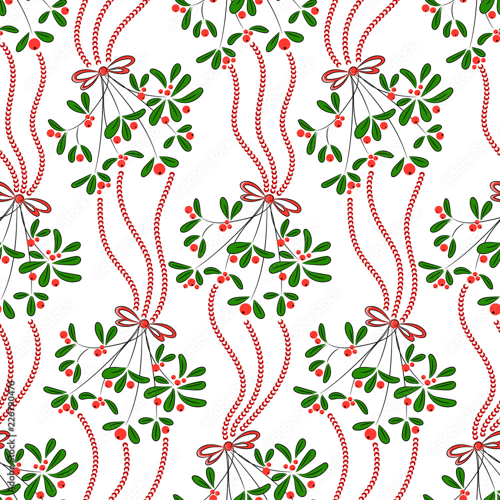 Vintage seamless christmas pattern vector for wrapping paper. Red season  background with mistletoe and garland. Ornament holiday winter new year  present print for gift boxes. greeting cards and tags. Stock Vector