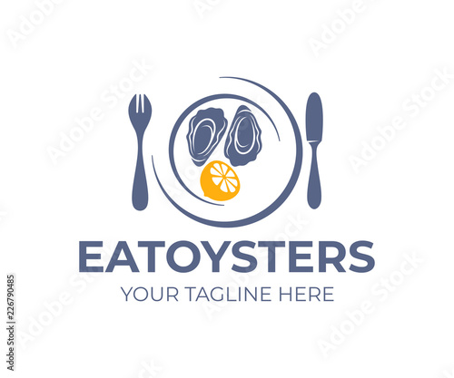 Fresh oysters in shell, lemon in plate or dish with fork and knife, logo design. Healthy food and seafood, restaurant, vector design. Nature, animal, natural and organic, illustration