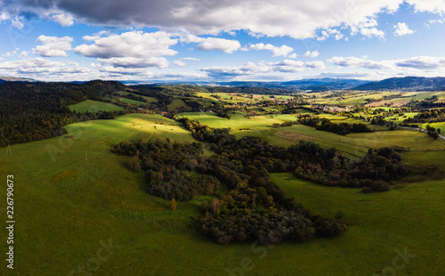 Fototapeta Naklejka Na Ścianę i Meble -  Beautiful panorama of the Beskidy Mountains. Poland. Aerial view, view from the drone.