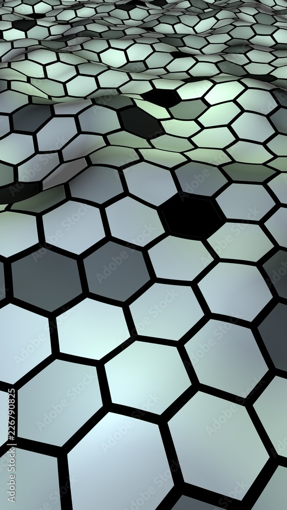 Honeycomb with a gradient color. Perspective view on polygon look like honeycomb. Wavy surface. Isometric geometry. 3D illustration Honeycomb with a gradient color. Perspective view on polygon look like honeycomb. Wavy surface. Isometric geometry. 3D illustration