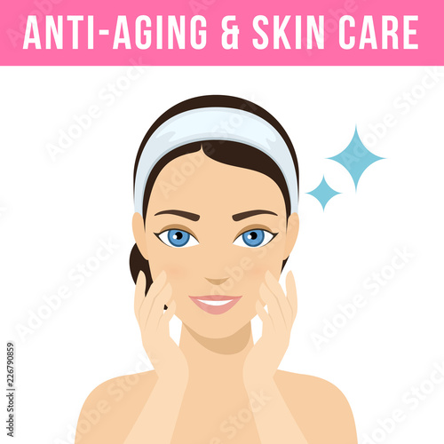 Women anti-aging skin care. Woman with perfect skin without wrinkles and pimples. Vector