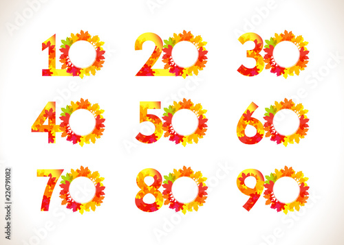 Autumn numbers logotypes. Collection with red coloured leaves. Round discounts up to ninety % percent off on dark background. Abstract digits congratulating graphic design template. Vector web banners