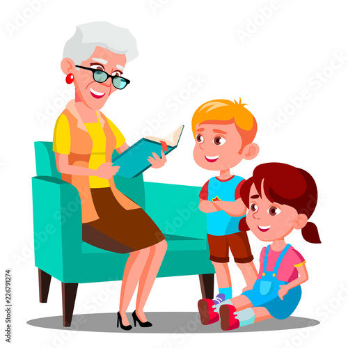 Grandmother Is Reading A Book To Her Grandchildren Vector. Isolated Illustration