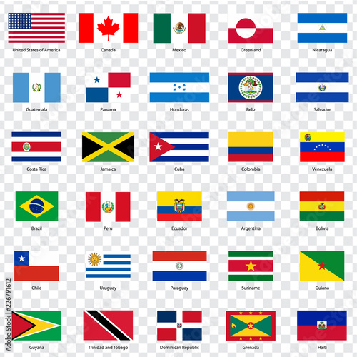 Flags countries of North and South Americas.  Thirty Flags of American countries with inscriptions and original proportions on transparent background. Flags for your web site design, logo, app, UI.  