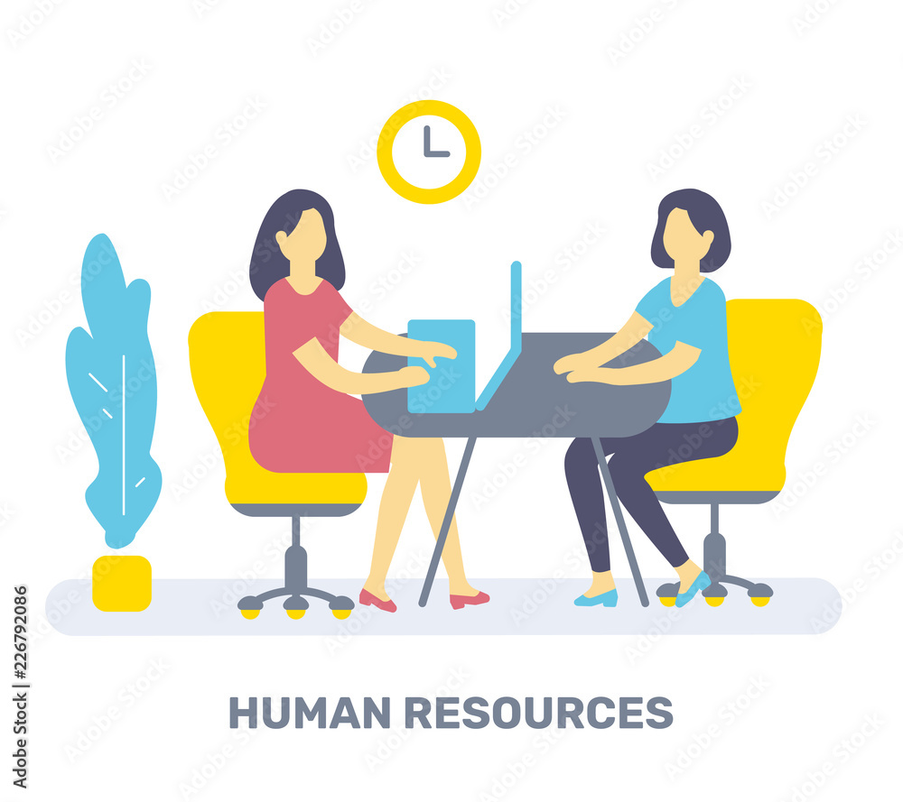 Vector color illustration of two woman are sitting at table on chair, plant and clock. Human resources concept.