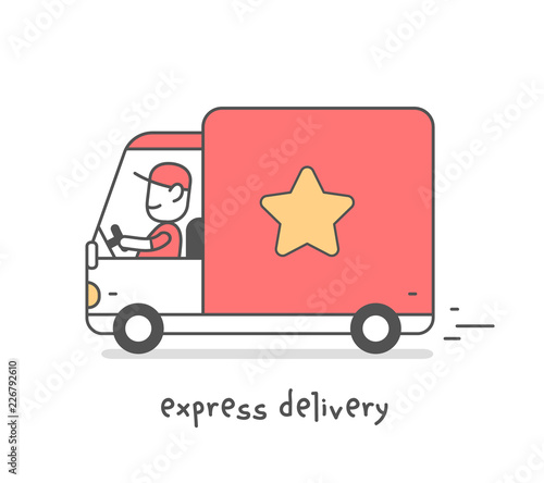 Vector creative illustration of delivery happy man in red uniform with cap carrying the parcel by car.