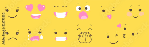 Set of smiley face emoji on yellow background. Simple character emotion. Vector element of design for t-shirt, sweet table, mug, decoration funny party. Lol, laugh, shy, in love, kiss, cry, shock
