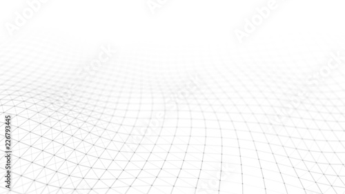 Wave white background. Abstract white futuristic background. Wave with connecting dots and lines on dark background. Wave of particles. 3D rendering.