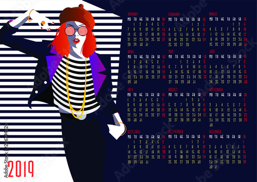 European calendar with fashion girl in style pop art