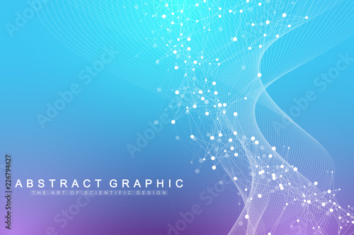 Scientific vector illustration genetic engineering and gene manipulation concept. DNA helix, DNA strand, molecule or atom, neurons. Abstract structure for Science or medical background. Wave flow