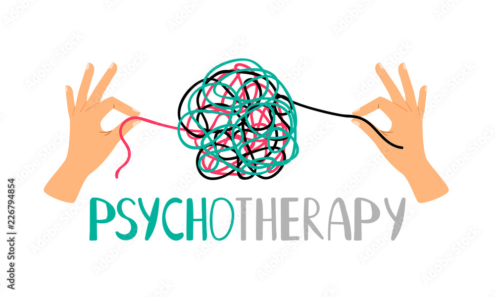 Psychotherapy concept illustration with hands untangling messy snarl knot, vector illustration - obrazy, fototapety, plakaty 