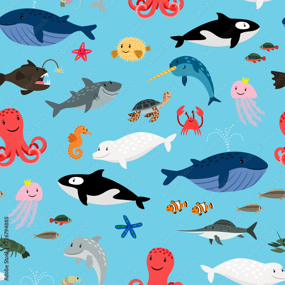 Sea animals on blue background pattern with whales and sharks, dolphins and octopus, vector illustration