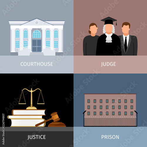 Justice banners set with judge, prison and court of justice, vector illustration