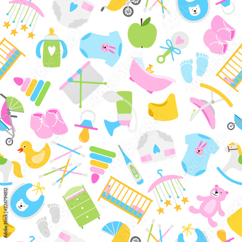 Baby pattern with clothes, toys and soother, vector illustration