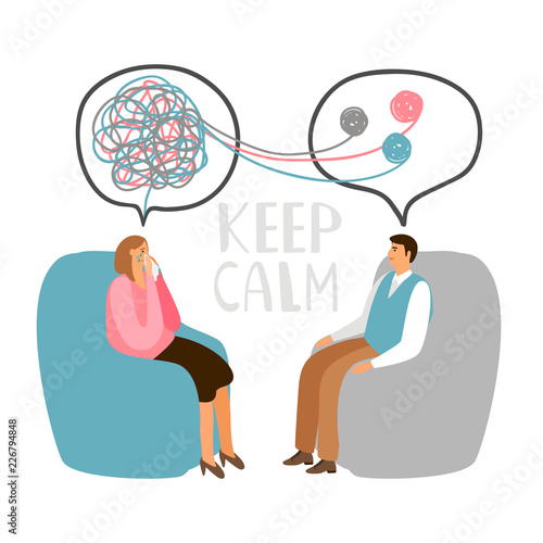 Psychotherapy concept illustration with male patient and lady doctor, keep calm vector illustration