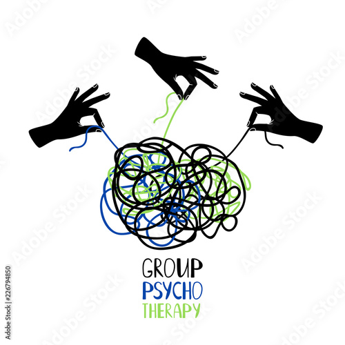 Hands untangling snarl knot, group psychotherapy vector concept illustration