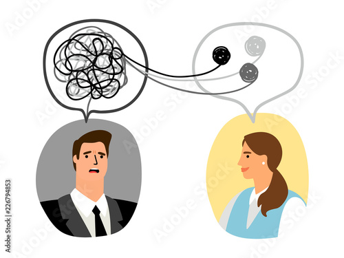 Psychotherapy concept illustration with man and lady psychologist avatar, vector illustration