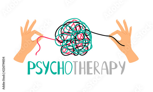 Psychotherapy concept illustration with hands untangling messy snarl knot, vector illustration
