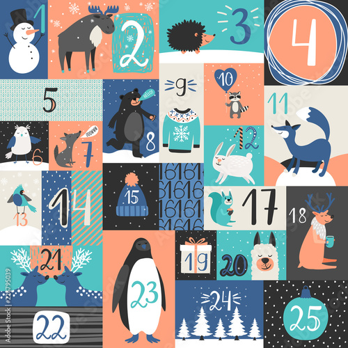 Xmas advent calendar. Christmas days calendar countdown with winter with new years symbols, cute animals and numbers vector illustration