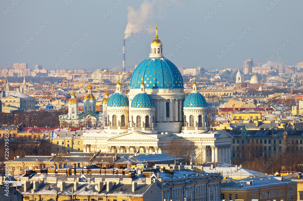 Saint Petersburg. Top view of the historic city center and the domes of the Trinity Cathedral or Troitse-Izmailovsky Sobor in winter sunny cold afternoon