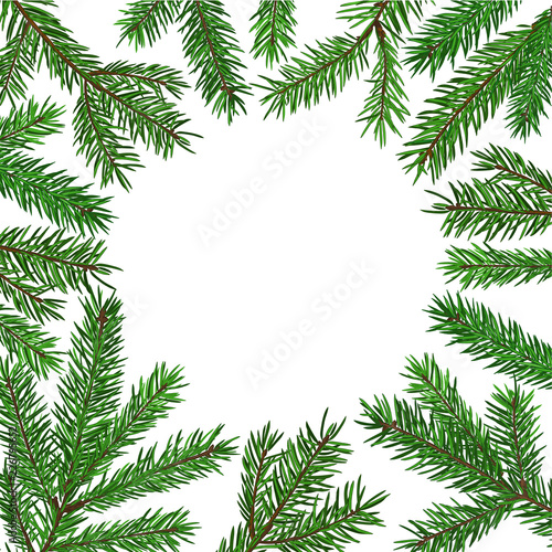 Background with realistic green fir tree branch. Place for text, congratulation. Christmas, New Year symbol.