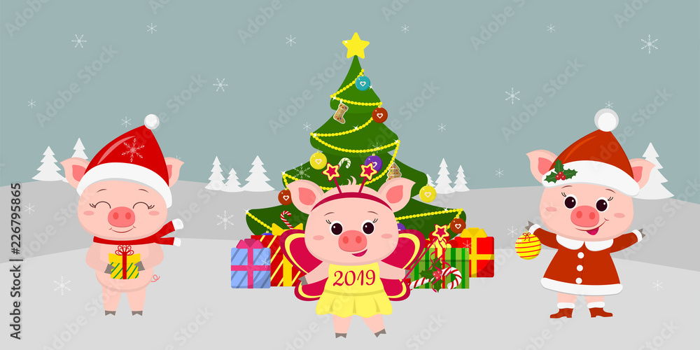 Happy New Year and Merry Christmas greeting card. Three cute pigs in different costumes next to a beautiful Christmas tree and boxes of gifts. Vector