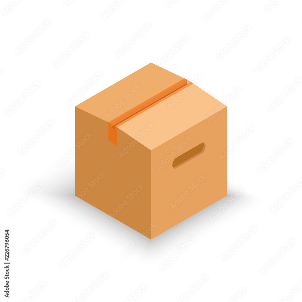 Obraz premium Big isometric cartoon box. Packaging for gifts, parcels, various goods. Flat 3D isometric vector cartoon illustration. Objects isolated on a white background.