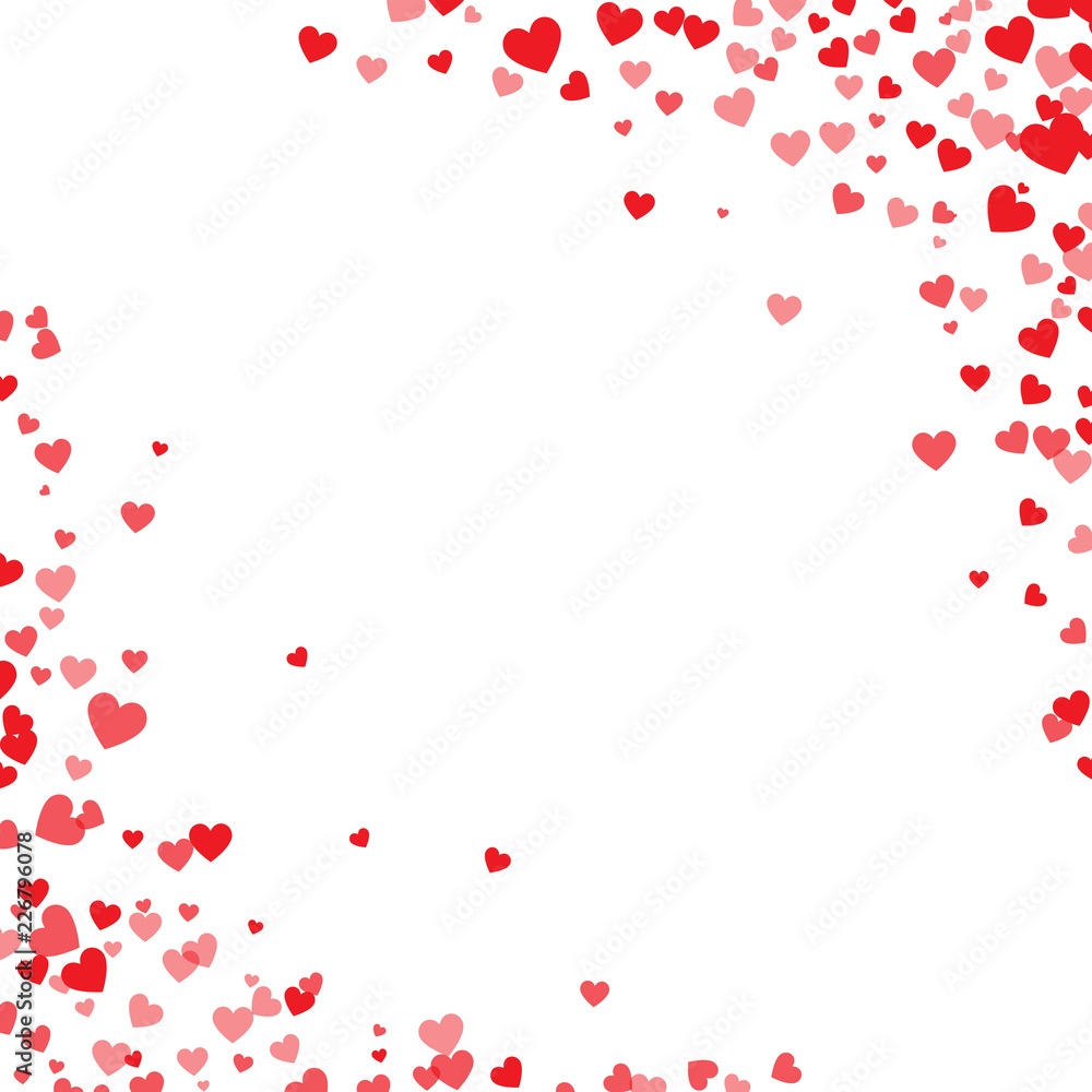 Red hearts confetti. Cornered border on white valentine card background. Vector illustration.