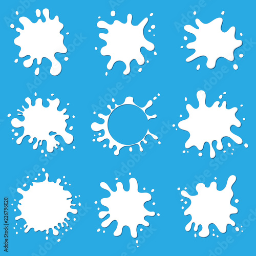 set of blank milk splash badge or label, yogurt, cream blots with splashes drops