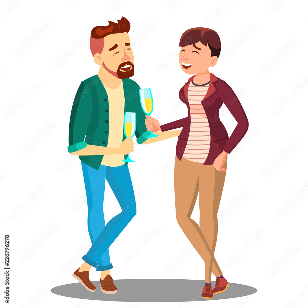 Young Couple Drinking Champagne Vector. Isolated Illustration