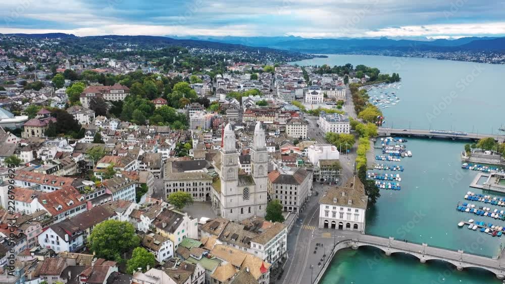 Aerial panoramic view of cityscape of Zurich, capital city of canton of the same name, Limmat River - landscape panorama of Switzerland from above, Europe