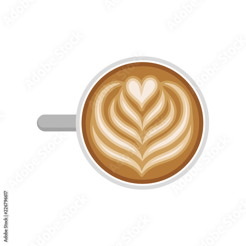 Cup of tasty coffee with tulip and heart latte art. Hot beverage. Delicious morning drink. Flat vector for cafe menu or flyer