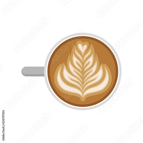 Cup of cappuccino with rosetta latte art, top view. Hot morning drink. Tasty and aroma espresso. Flat vector design